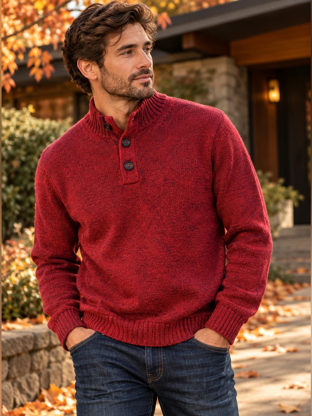 IZOD Men’s Burgundy Marled Mock Neck Button Sweater Medium